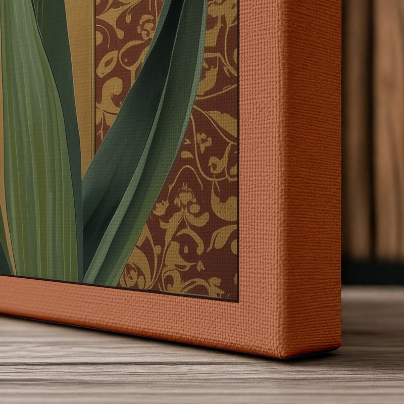 Irises Against Damask Botanical - Wrapped Canvas, 36x24 - 91.4 x 61.0 cm, Terracotta Border