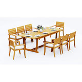 9 Pcs Grade-A Teak Wood Dining Set: 94" Double Extension Mas Rectangle Trestle Leg Table And 8 Travota Stacking Arm Chairs #11TV2108