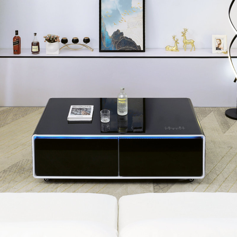 Smart Coffee Table with 135"L Fridge and Wireless Charge, Full Black