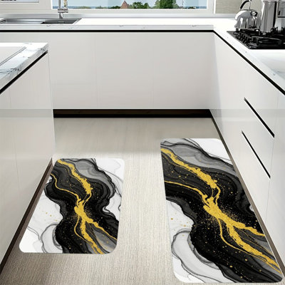 Ensemble de 2 tapis de sol de luxe en flanelle à motif tourbillon d'encre dorée