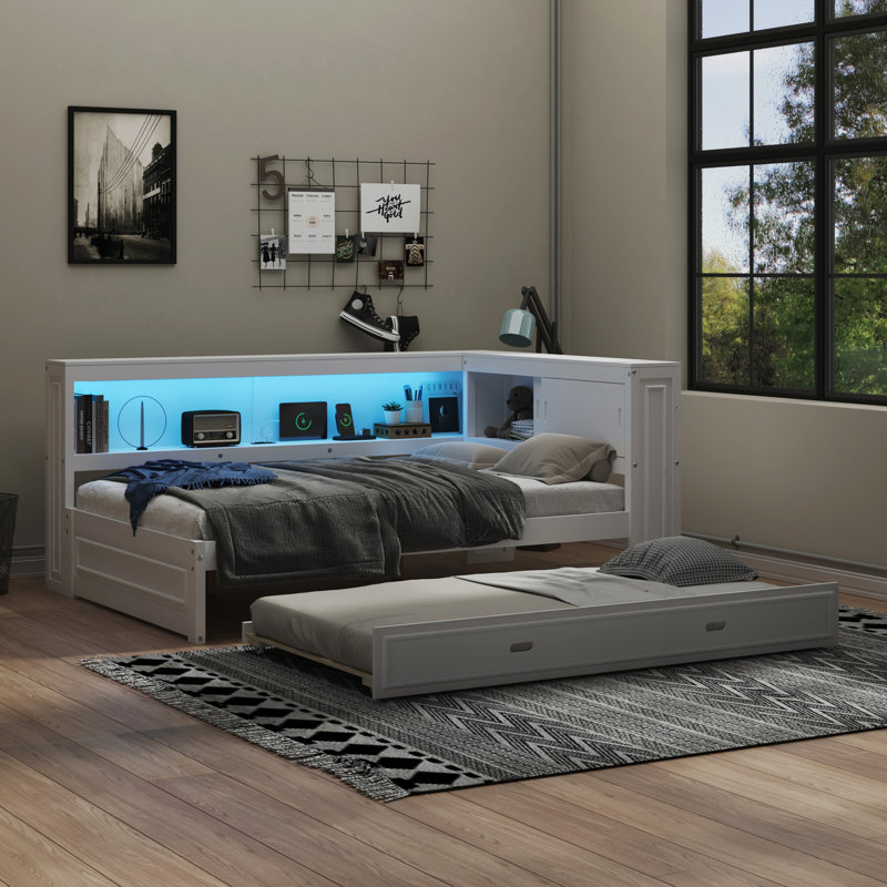 Lit de jour en bois avec tablettes de rangement, USB, DEL et lit gigogne, Blanc