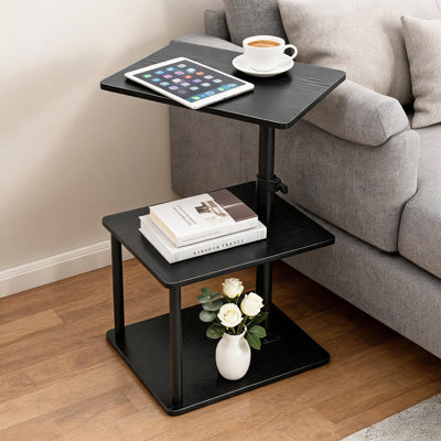 Table d'appoint pivotante en forme de C avec plateau pivotant à 360°, hauteur réglable de 45,7 cm à 83,8 cm et étagères de rangement à 3 niveaux.