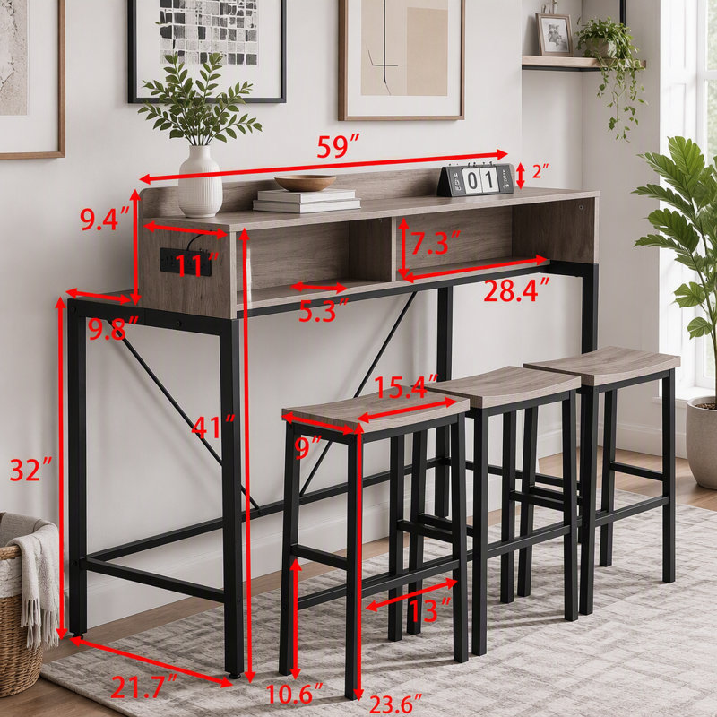 Ensemble table et chaises de bar 4 pièces avec éclairage DEL et prise électrique, Gris