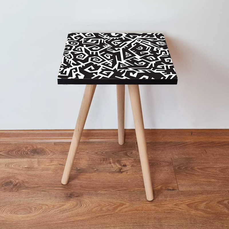 Table d'appoint élégante avec pieds en bois de hêtre, design abstrait noir et blanc, 13,8 x 16,5 x 13,8 pouces | 100% panneau de fibres à densité moyenne, épaisseur: 0,71 pouce | Style géométrique moderne pour le salon et la chambre à coucher, fonctionnel et chic