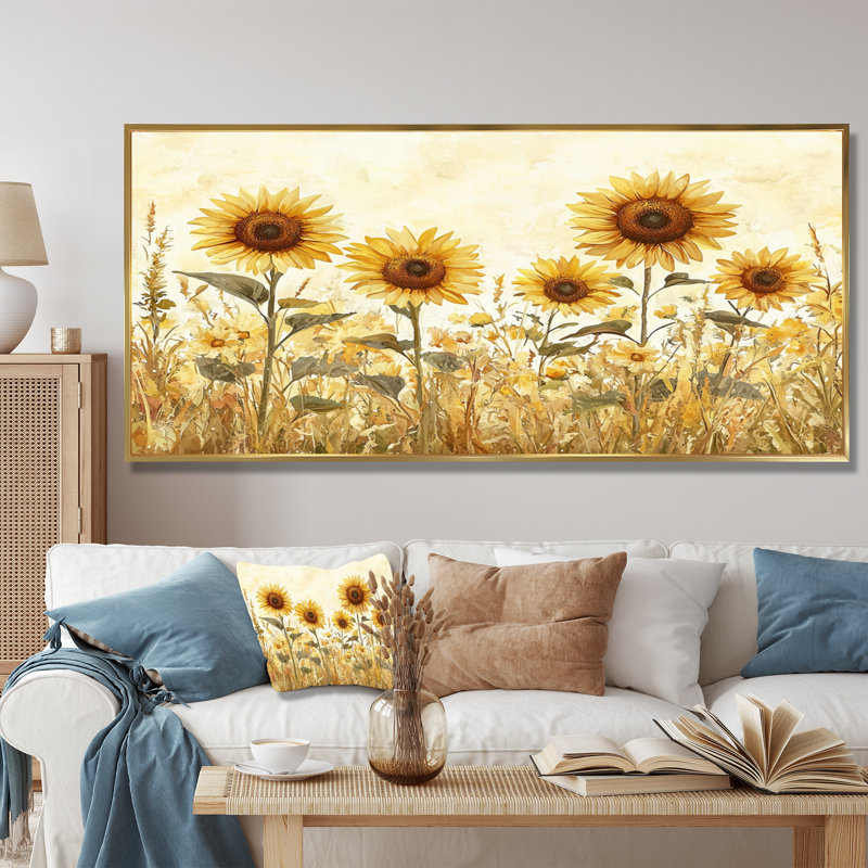Diyonna campagne campagne tournesols - tournesols, art mural, H 28 po x l 60 po, Impression encadrée flottante, Doré
