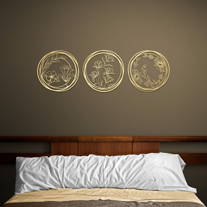 Flowers Metal Wall Art Décor, Floral Wall Set for Housewarming Gift, New Home & Office Decoration, Matte Gold