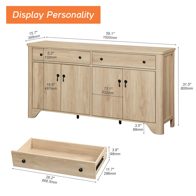 Buffet Haikey de 59 po de largeur avec 4 portes et 2 tiroirs, tablettes réglables, Chêne