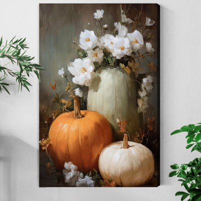 1pc Framed Canvas Wall Art Prints Poster, Vintage Fall Pumpkin Floral Farmhouse Thanksgiving Art Posters Canvas Print Painting for Living Room Bedroom Office Bathroom Dorm Home Decor, Ready To Hang