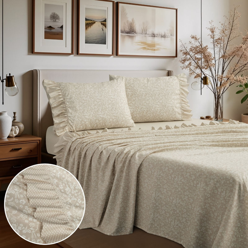 Printed Floral and Polka-Dot Ruffle Sheet Set, Taupe, Queen