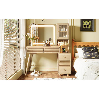 Meuble-lavabo Mid-Century moderne avec armoire en verre cannelé et miroir DEL