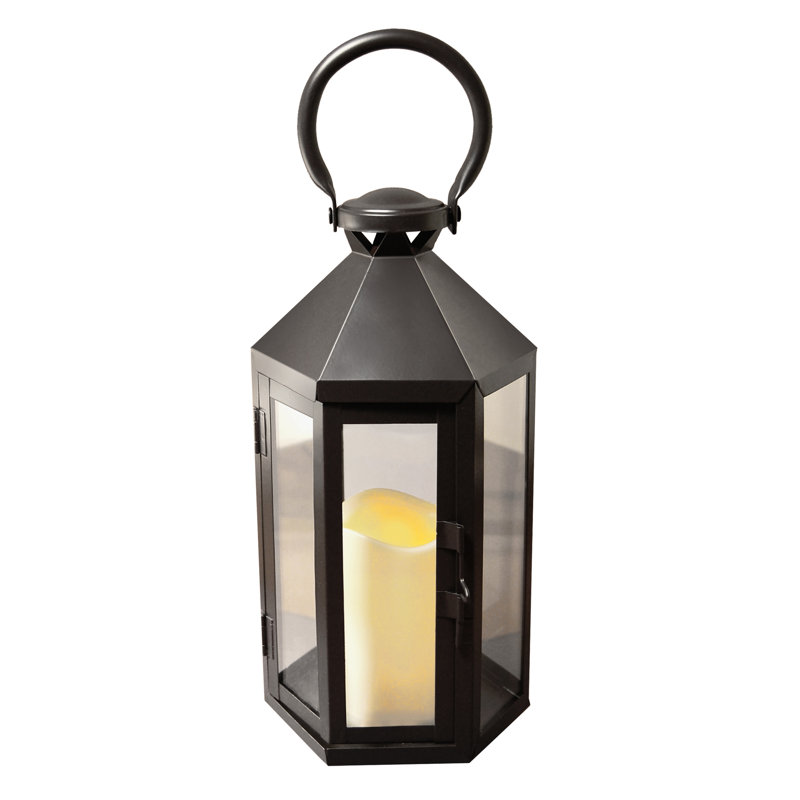Black Hexagon Metal Lantern with Amber LED Candle