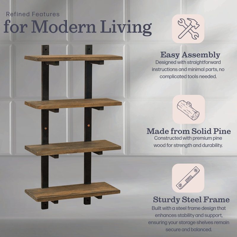 Pomona 4-Tier Wall Mounted Bathroom Storage Shelf - 36” (Natural/Black), 36" H x 20" W x 8" D