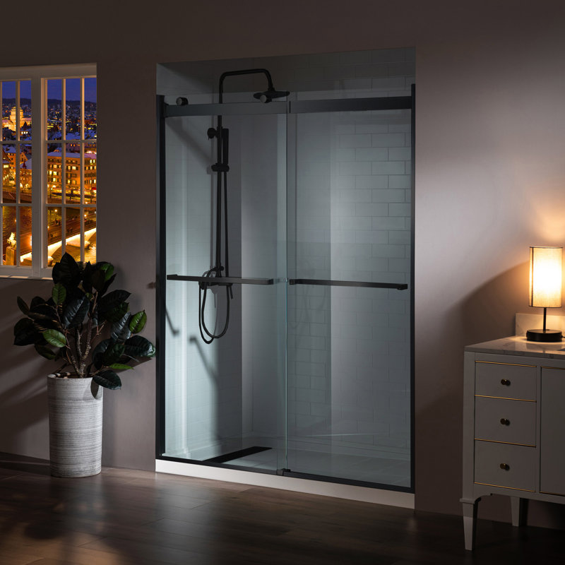 Porte de douche coulissante double sans cadre de 56 à 60 po x H 76 po avec verre trempé transparent de 5/16 po (8 mm), Noir