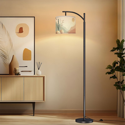 Lampe sur pied à arc avec abat-jour réglable Cactus rétro Paysage désertique Oiseaux Disque solaire Lampe sur pied Western 3 températures de couleur Lampe à mât haut avec interrupteur au pied pour la chambre à coucher