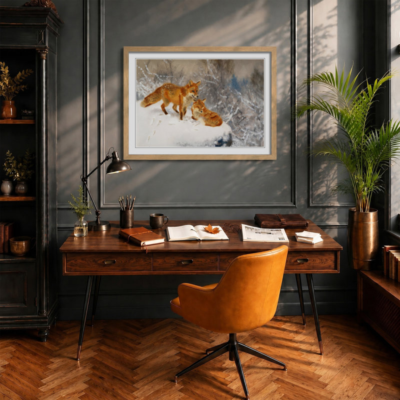 Two Foxes by Bruno Liljefors - Picture Frame Painting, 36cm H x 48cm W x 2cm D, Oak Framed
