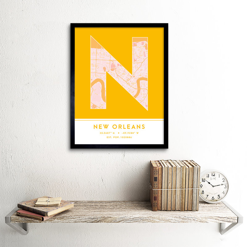 New Orleans City Map New Orleans Yellow - Single Picture Frame Typography