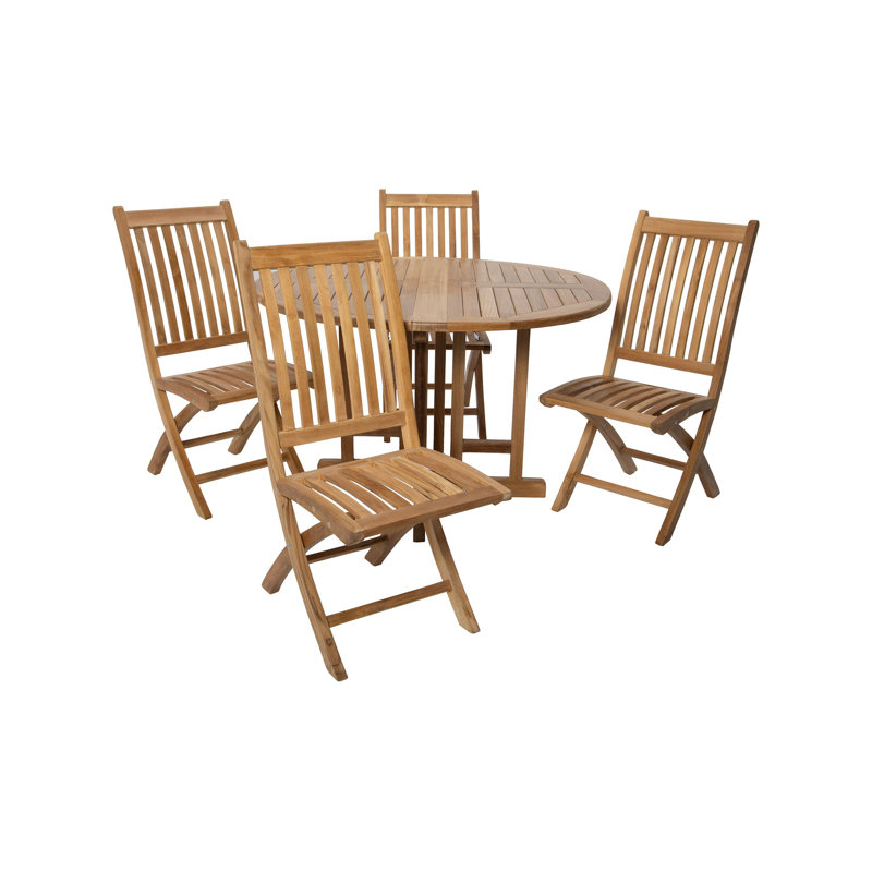 5pc Raffaello Teak Folding Armless Chair Dining Set with 48" Round Drop Leaf Table