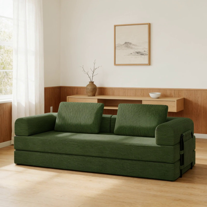 Convertible Sleeper Sofa Bed With Cylindrical Pillow - Corduroy Folding Mattress Couch For Versatile Use In Living Room, Bedroom, And Studio