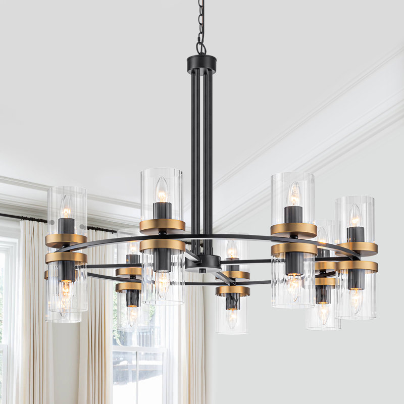Lustre en roue de chariot à 16 lumières, luminaire suspendu en fer noir doré, hauteur réglable 35 à 110 po, abat-jour en verre nervuré pour table de salle à manger