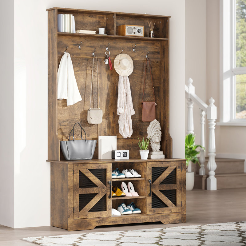 Beitske 5-in-1 Hall Tree with Storage Bench and Magnetic Doors, Retro Entryway Organizer with Coat Rack, Shoe Cubbies, Hooks & Upper Shelf for Foyer or Mudroom