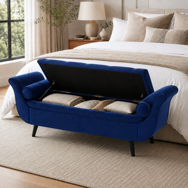 Velvet Upholstered Storage Bench, Navy Blue