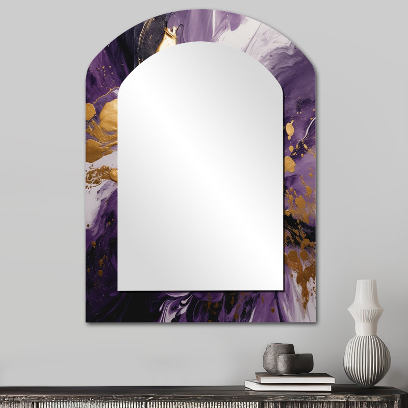 Mauve et or liquide Magic II - miroir mural abstrait en arc, miroir décoratif asymétrique mauve, impression d'art en métal