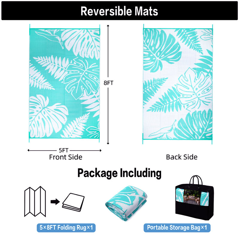 Ellie Reversible Leaf Outdoor Rug, Rectangle 8' x 10', Blue