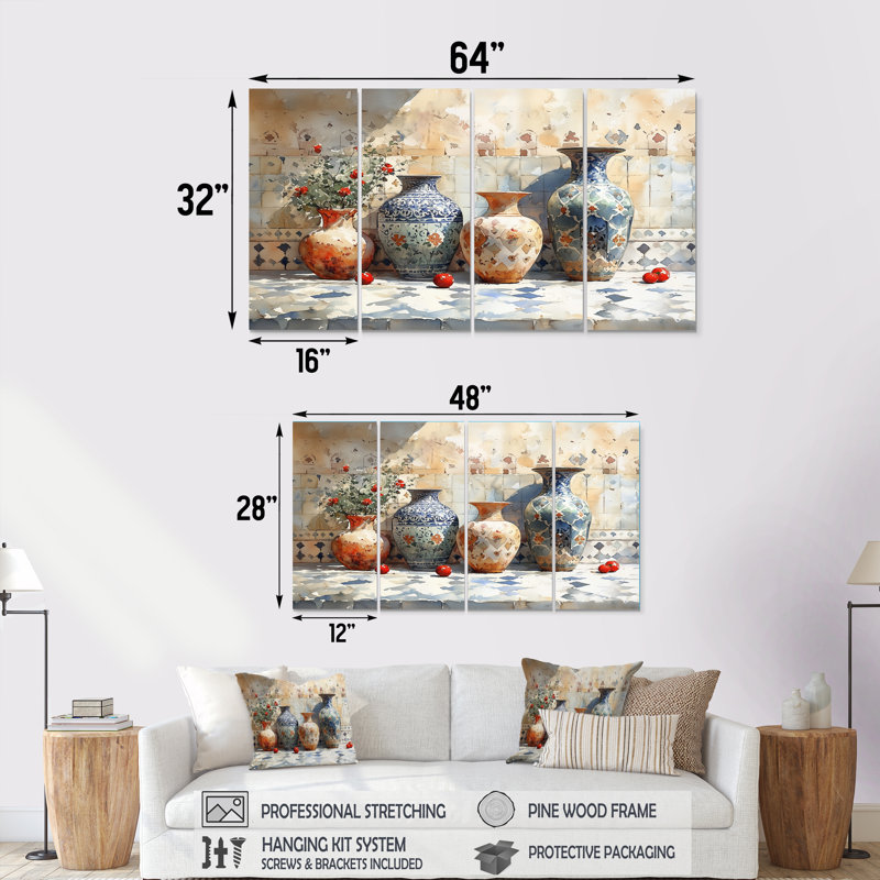 Ensemble de décorations murales bleues «Blue Stately Vases III - Morocco Pottery», H 28 po x l 48 po