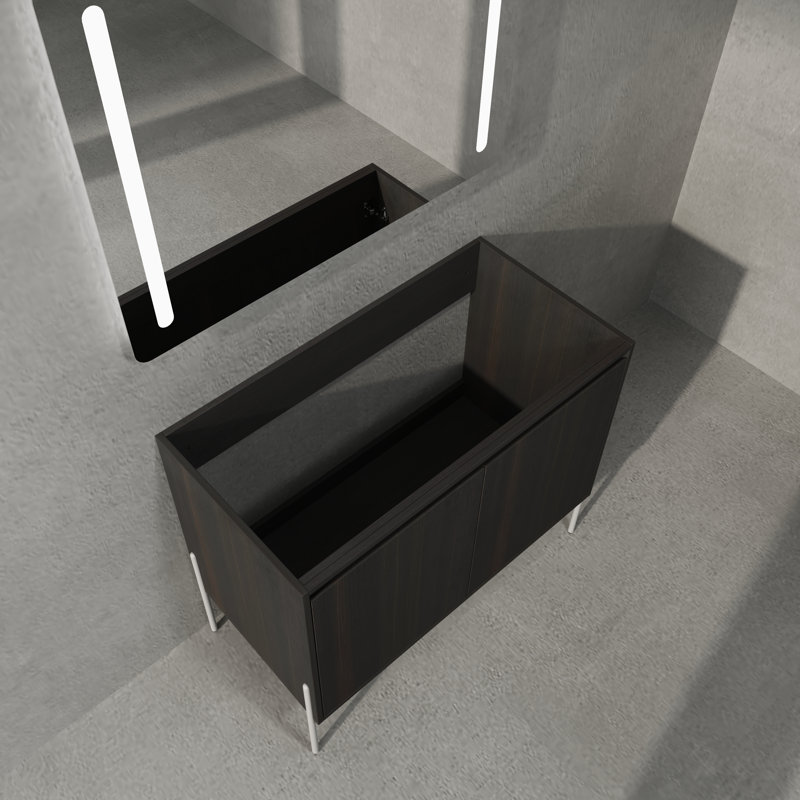Armoire de salle de bain moderne 35 1/16 po en bois foncé avec pieds en métal et miroir à DEL - Meuble-lavabo à double porte à fermeture douce