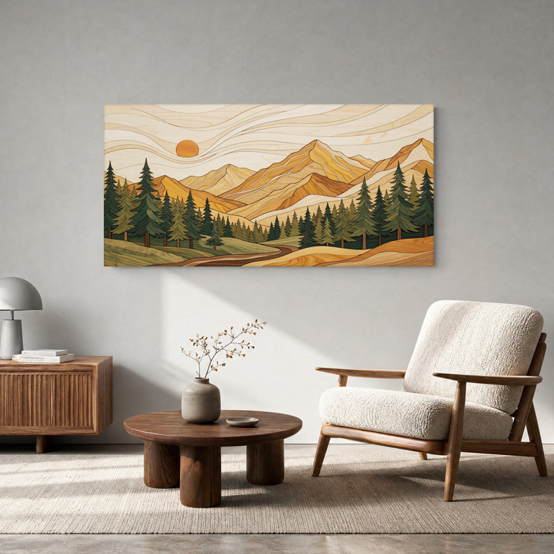 Toile murale à effet bois, paysage de montagne avec soleil orange, L 46 po x H 24 po
