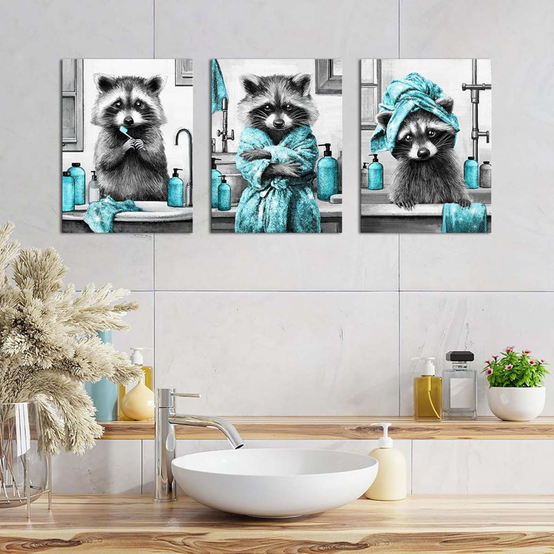 40*30,Blue Bathroom Wall Art Funny Animals Bathroom Decor Recoon Pictures Paintings., Teal/Grey