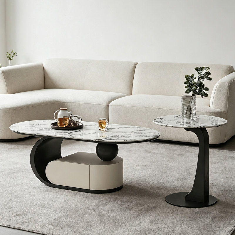 Table basse italienne en pierre micro-cristalline, Granit, H 15,7 po x l 51,2 po x P 27,6 po, Noir / Gris foncé