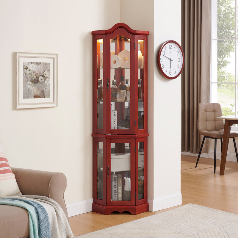 Armoire d'angle avec portes et tablettes en verre trempé - Vitrine élégante en cerisier
