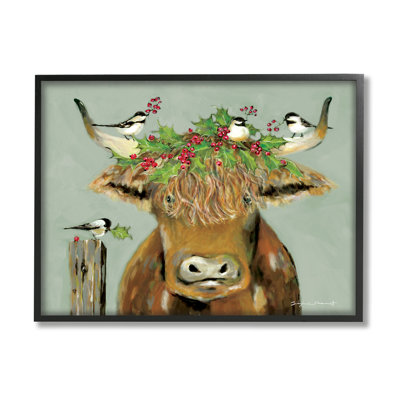 «Bétail et oiseaux», houx des Fêtes encadré sur bois par Stephanie Workman Marrott, peinture