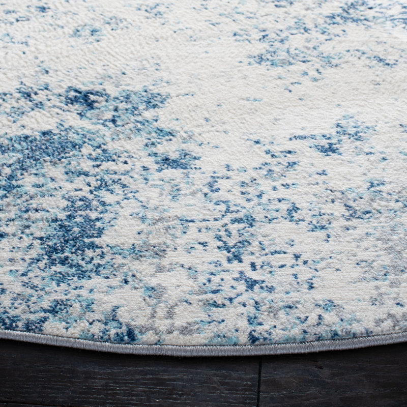 Tapis abstrait gris clair / bleu N'Keal, Navy/Ivory, Rond 3 pi