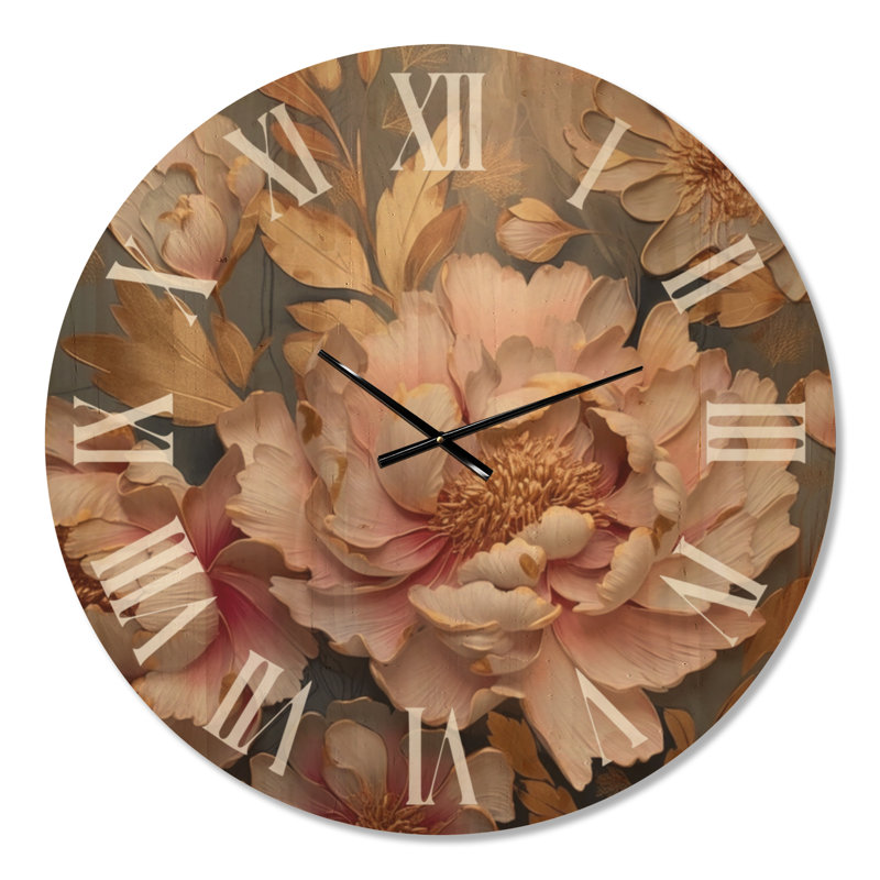 Horloge murale rétro rétro avec pivoines roses et dorées - grands coquelicots, Surdimensionné