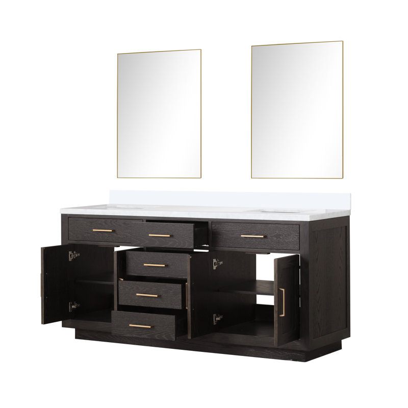 Ensemble de meuble-lavabo double 72 "avec miroir, Chêne brun, Marbre de culture blanc