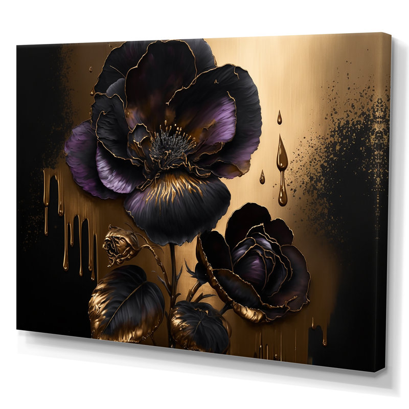 «Black and Gold Violets II» - art mural violet pour le salon, Toile tendue, H 30 po x l 40 po x P 1,5 po