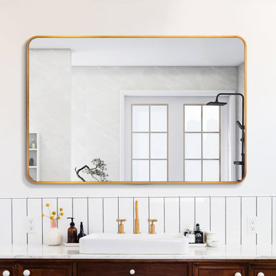 Miroir mural rectangulaire en métal doré de 30 po x 40 po pour salle de bain contemporaine - Élément incassable, crochets renforcés, verre de 4 mm de guide d'installation, conception rouille, installation facile