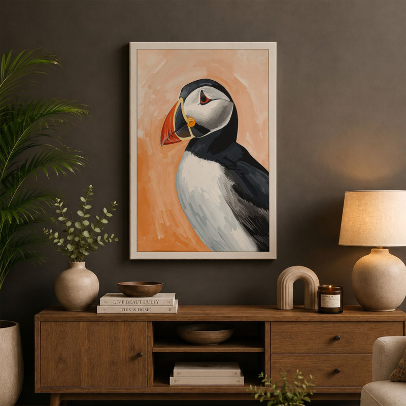 Puffin Portrait Boho - Wrapped Canvas, 24x16 - 61.0 x 40.6 cm, Taupe Border