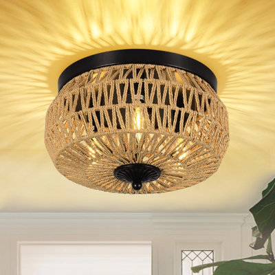 Threelight Handwoven Rattan Flush Mount Ceiling Fixture With Cage Shade 360Degree Illumination For Bedroom Kitchen And Foyer Lighting