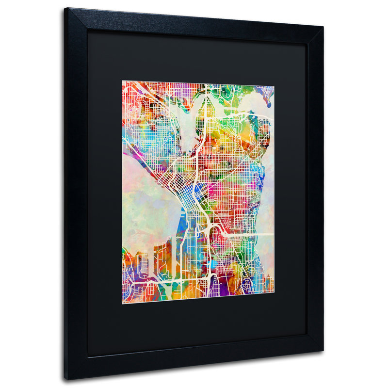 Colorful Seattle Washington Street Map Print on Canvas with Black Frame