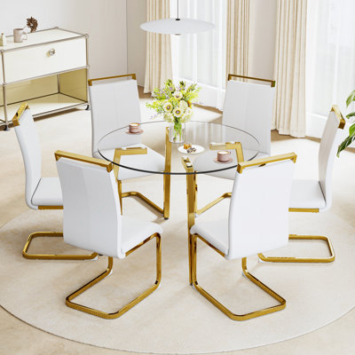 Table circulaire moderne en verre trempé transparent de style minimaliste, plateau en verre trempé, pieds en métal doré, convenant à la cuisine, à la salle à manger et au salon, 42 po x 42 po x 29,5 po 1123r