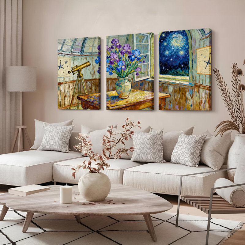 Ensemble de 3 tableaux sur toile tendue « La Nuit étoilée » avec iris et télescope, H 18 po x l 36 po