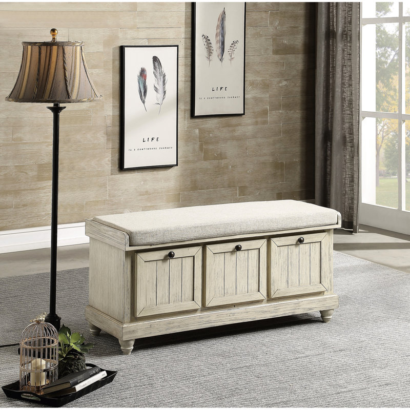 Banc rembourré beige avec fabrication en bois massif et espace de rangement intérieur, Blanc