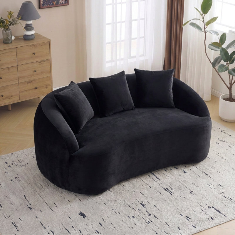 Causeuse incurvée moderne de 65 po x P 39,4 po avec 3 coussins et coussin en mousse compressée, Noir