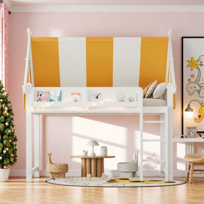 Twin\Full Size Wood Loft Bed With Canopy, LED String Lights, And Bookshelf