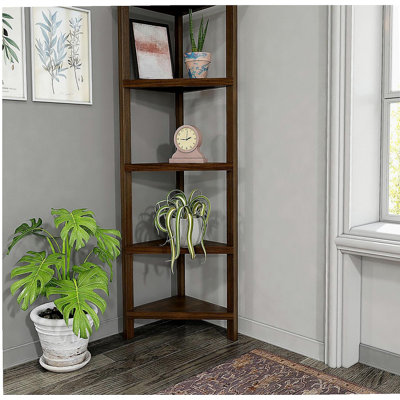4-Shelf Tall Wood Corner Bookcase with Open Bookshelves, Walnut, 1PC