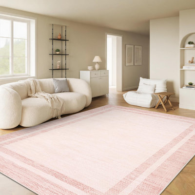 Tapis doux et lavable de 3 m x 4 m, 100 % polyester à poils courts, imprimé, avec envers antidérapant en TPR, design minimaliste et moderne pour salon, chambre et chambre d'enfant, rose