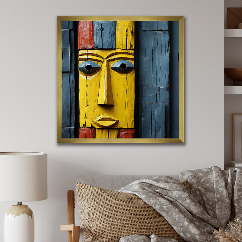 Motif africain Kuba - Masque africain, art mural, Cadre flottant noir, H 36 po x l 36 po x P 1,5 po